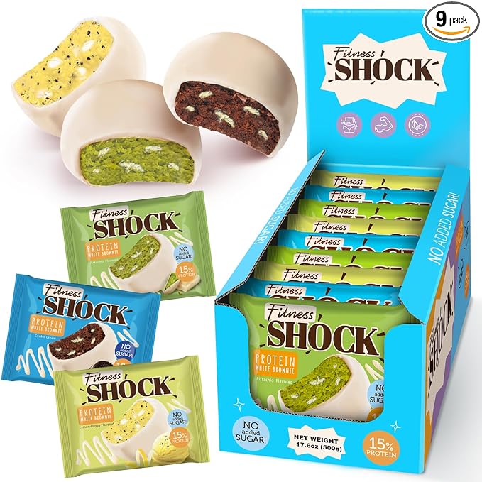 FitnesSHOCK Protein Brownie White Chocolate No Added Sugar 15%/75g Protein 233kcal Pre/Post Workout Snack - No Palm Oil Filling dietary fibre Soft Texture 9x50g - Variety pack