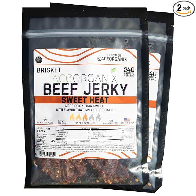 Ace Organix Brisket Beef Jerky Sweet Heat – Sweet with Bold Spicy Kick – Premium High Protein Snack – Clean Ingredients No Added Nitrates – Made in USA (2 Pack)