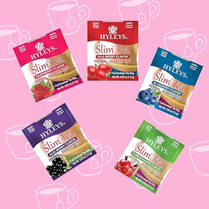 Hyleys Slim Tea Variety Pack – 6 Flavors Including 5 Flavor Assortment Pomegranate Mango Goji Berry Acai Berry and Pineapple – 150 Tea Bags
