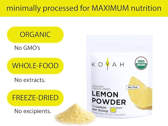KOYAH - Organic Lemon Powder (No Peel): 120 Servings (1 Scoop = 1/4 Lemon) Freeze-Dried 100% Pure