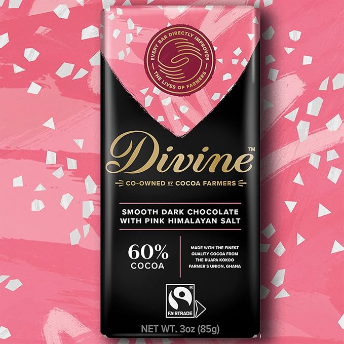 Divine Chocolate Bars - 60% Dark Chocolate with Pink Himalayan Salt - Made with Fairtrade Cocoa Natural Ingredients No Artificial Flavors | 3oz. Bars (12 Pack)