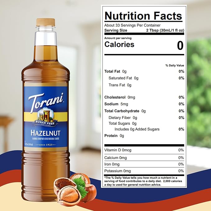 Torani Sugar Free Hazelnut Coffee Syrup 1 Liter Bottle with Pump Dispenser – Zero Calorie Flavored Syrup for Lattes Cold Brews Teas Smoothies &amp Desserts – Keto &amp Diabetic Friendly