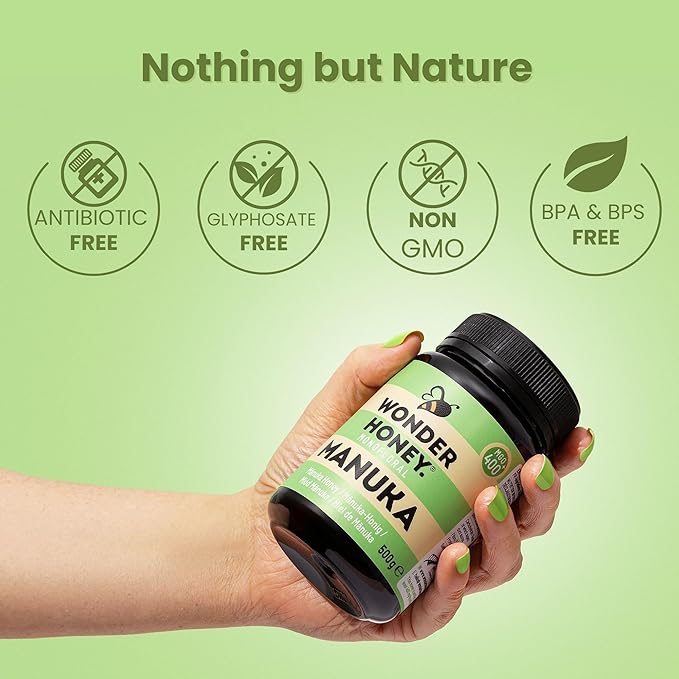 Wonder Honey Raw Manuka Honey New Zealand MGO400 (13+) Tested for 26 Markers Traceable Natural Soothing for Sore Throat Cough - Aids Digestion - Triple Sealed for safety in a Protective Box (1.1lb)