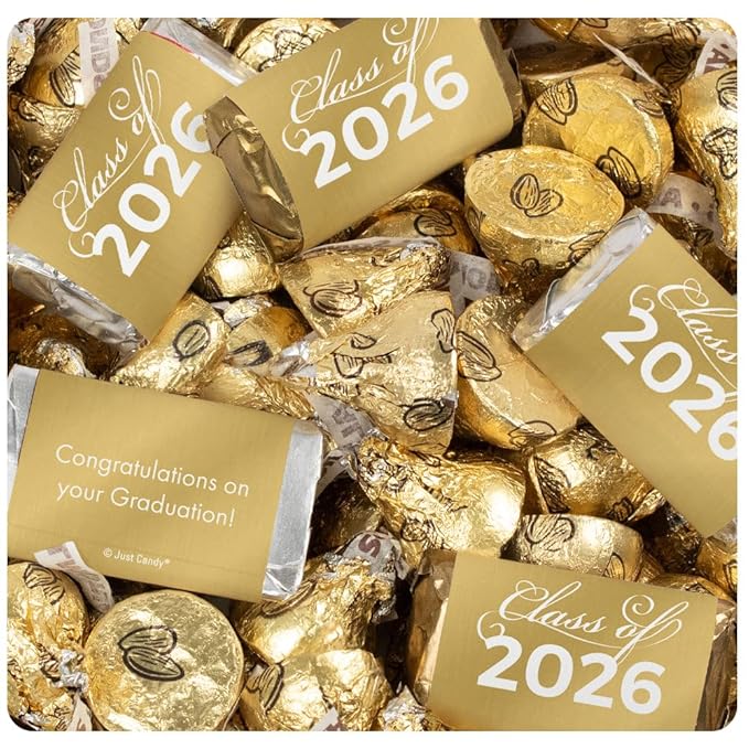 124 Pcs Gold Graduation Candy Party Favors Assorted Wrapped Miniatures &amp Gold Almond Kisses (1.52 lbs Approx. 124 Pcs)