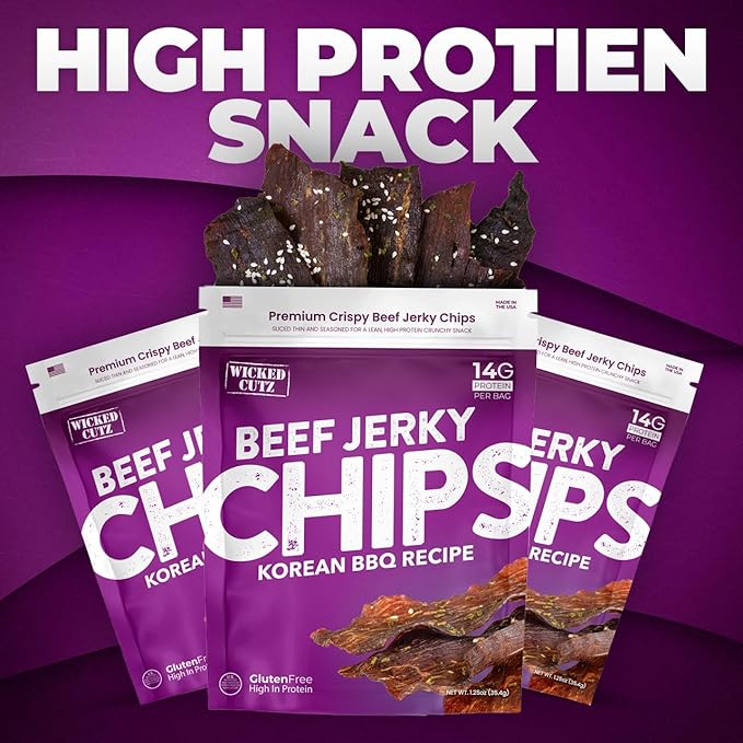Wicked Cutz Jerky Chips Variety Pack Up to 28g Protein Per Bag Cracked Pepper Teriyaki Roasted Red Pepper &amp Korean BBQ Flavored Beef Jerky Crisps USA Made High Protein Carnivore Snacks (4 Ba
