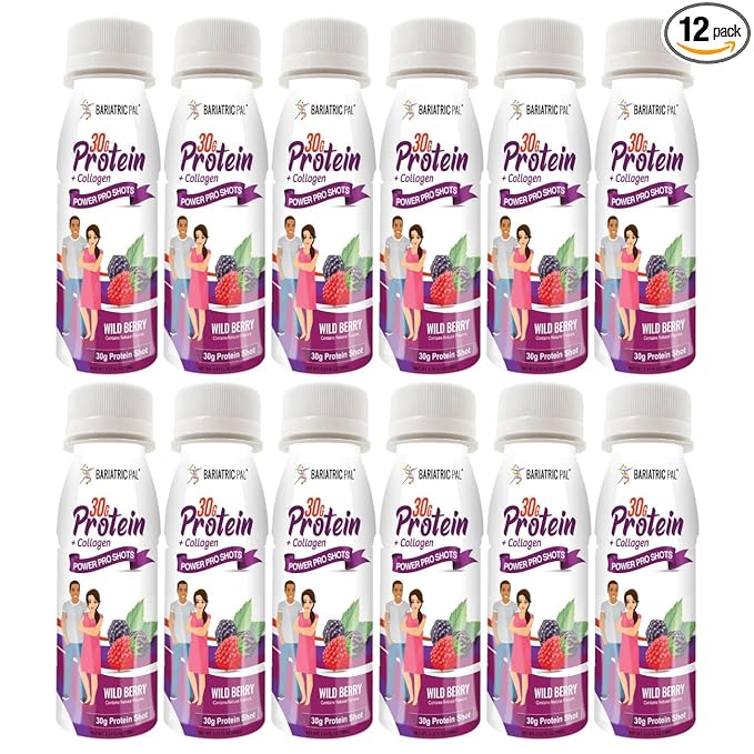 BariatricPal 30g Whey Protein &amp Collagen Power Pro Shots - Wild Berry (12 Bottles)