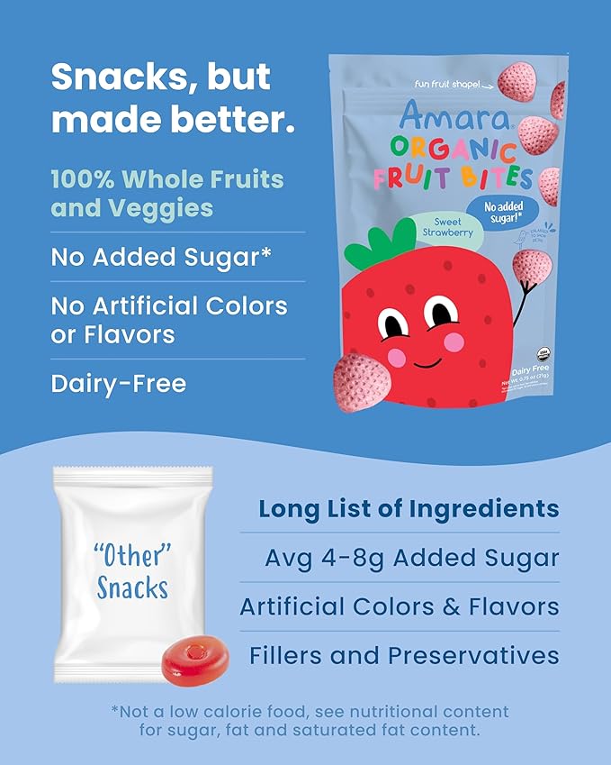 Amara Organic Fruit Bites Sweet Strawberry - No Added Sugar Dairy-Free Nut-Free Organic Fruit Snacks Made with Organic Whole Foods Allergy-Friendly Healthy Fruit Snacks for Kids - 21g 6PK