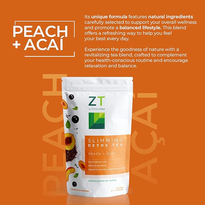 Dr. Zisman ZT Slimming - Peach and Acai Herbal Tea Blend with Ashwagandha Rooibos and Acai - 28 Day Wellness Blend (28 Tea Bags)