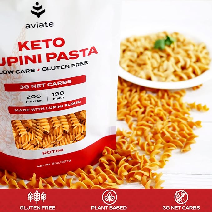 Aviate Keto Pasta Rotini - Low Carb (3g Net) Lupini Noodles High Protein (20g) Gluten-Free Made with Lupin Flour Plant Based Vegan Keto-friendly Low Carb - Rotini (8oz) (Pack of 3)