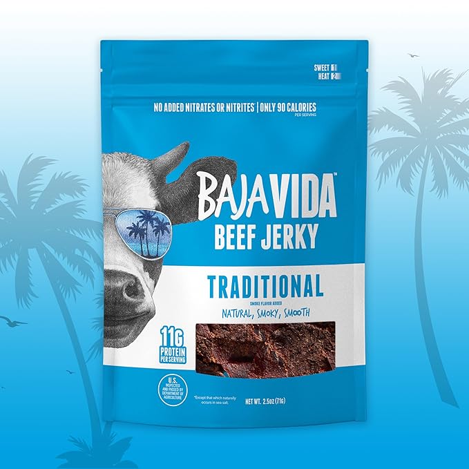 BAJA BEEF Traditional Beef Jerky - Sweet and Spicy Beef Jerky Snack Packs Healthy Jerky Gluten-Free All-Natural Beef No MSG Made in the USA - 2.5 Oz Bags (Pack of 4)