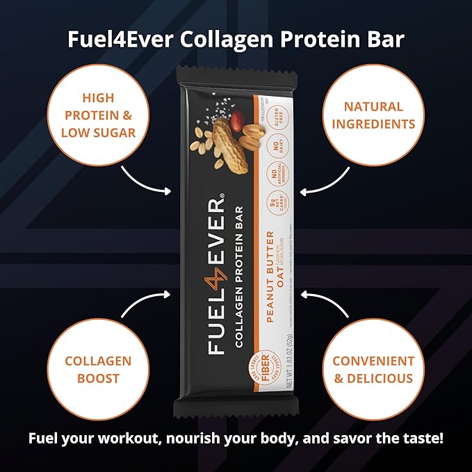 Fuel 4 Ever Collagen Protein Bars | 14G Protein Gluten Free Dairy Free No Stevia or Artificial Ingredients Added Sweetened with Honey | Peanut Butter Oat Flavor (Box of 12)