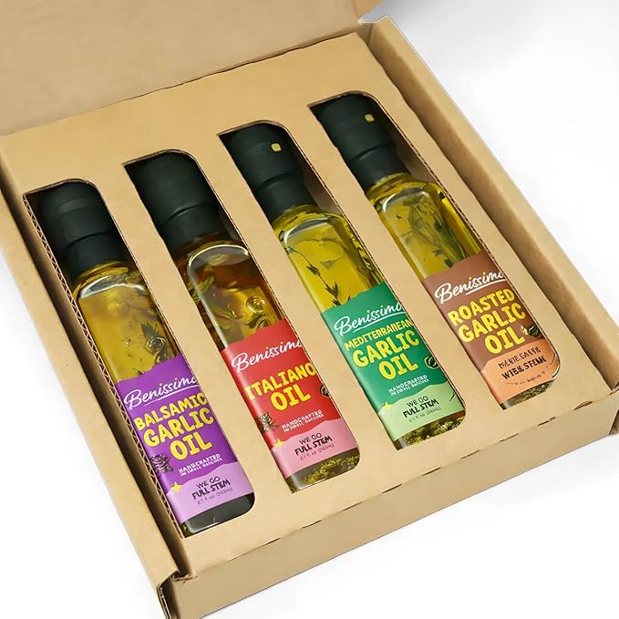Benissimo Herb Infused Cooking Oil Chef Pack – 4 Artisan Flavored Oils: Italiano Roasted Garlic Mediterranean Garlic &amp Balsamic Garlic – Gourmet Cooking Oil Gift Set All Natural 8.1 fl oz Each