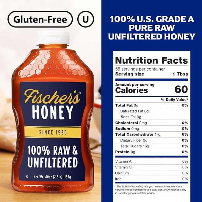 Fischer’s 100% Pure Raw &amp Unfiltered Honey – USA Made Honey – All-Natural Sweetener – Rich Flavor Profile Packed with Nutrients 40 oz (Pack of 2)