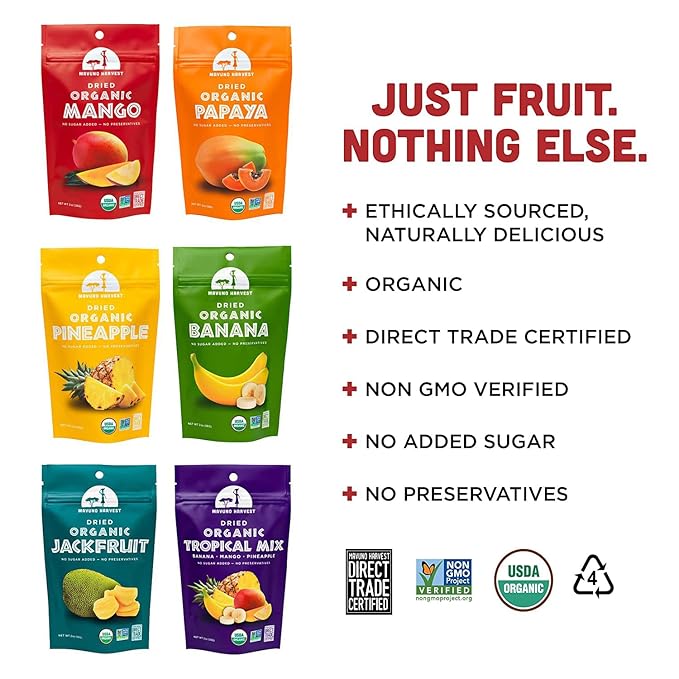Mavuno Harvest Organic Dried Fruit Variety Pack | Dried Mango Papaya Pineapple Banana Jackfruit &amp Tropical Mix | Healthy Vegan No Sugar Added Non GMO Snacks for Kids &amp Adults | 2 Ounce