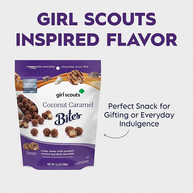 Edward Marc Girl Scouts Coconut Caramel Bites - Inspired by Girl Scout Cookies Crispy Coconut and Dark Chocolate - 5.5 oz Resealable Bag - Gourmet Chocolate Gift - Pack of 10