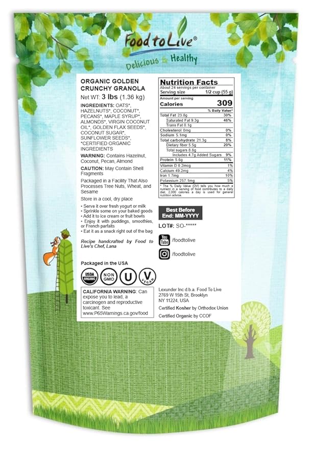Food to Live Organic Golden Crunchy Granola 3 Pounds - Small Batch Handcrafted Bulk Great as Snack for Breakfast Cereals Contains Hazelnuts Pecan Nuts Almonds Coconut Flax Sunflower Seeds