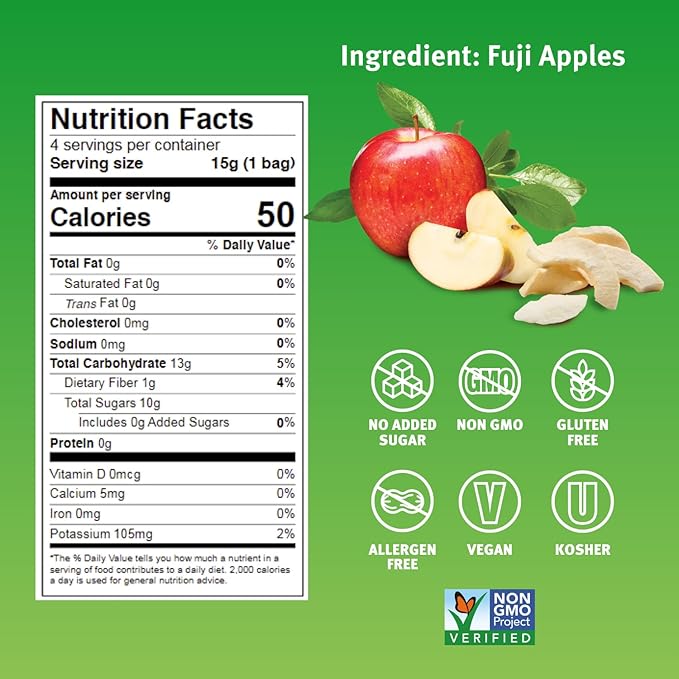 Crispy Green Freeze-Dried Apple Fruit Snacks 0.53 Oz (Pack of 12) 100% Pure Fruit All-Natural No Added Sugar Single-Serve Bags for Healthy Snacks &amp School Lunches