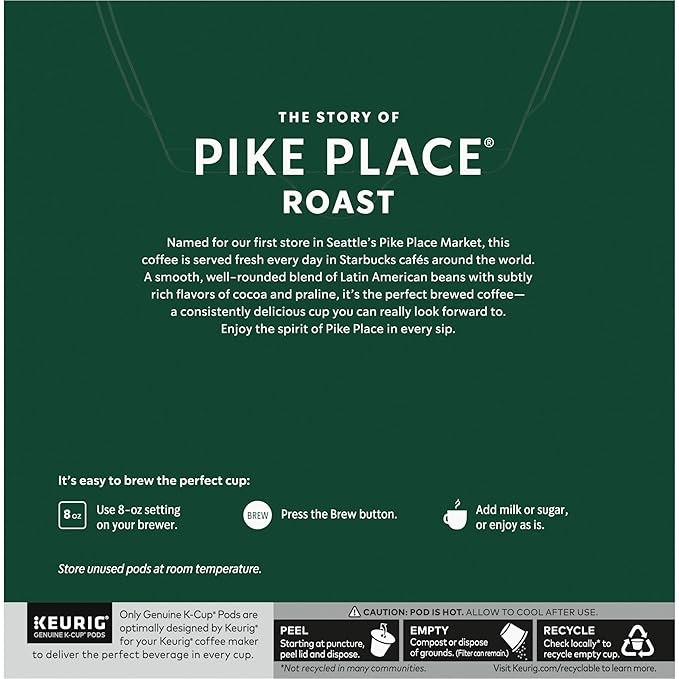 Starbucks K-Cup Coffee Pods Medium Roast Hot or Iced Coffee Pike Place Roast 32 Keurig Pods
