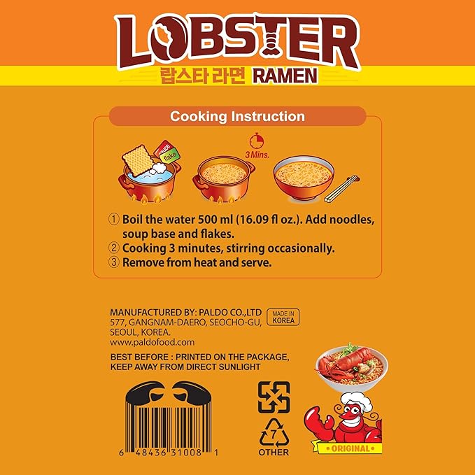 Paldo Fun &amp Yum Lobster Flavored Noodle Soup Original Seafood Broth Oriental Style Korean Ramyun K-Food 120g 4.23oz (4.23 Ounce (Pack of 8) Lobster)