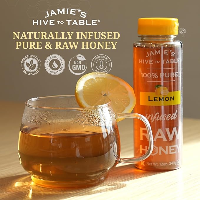 Jamie's Hive To Table Bites &amp Infused Honey Gift Set (3.3 Oz 5 Bites &amp 3x12 Oz Squeeze Bottles) – Raw Honeycomb with Bee Pollen and Propolis &amp Hot Lemon and Cinnamon Flavored Honey