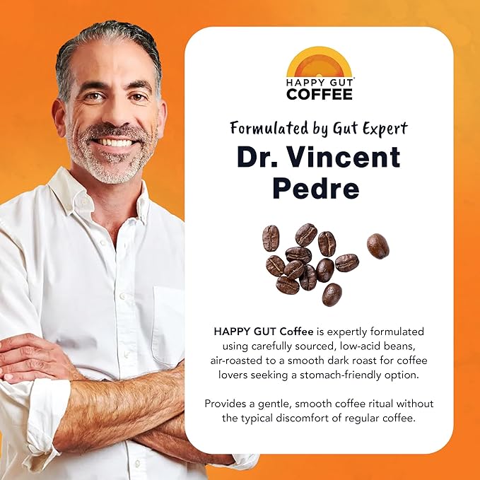 Happy Gut Coffee - Doctor-Formulated Organic Medium-to-Dark Roast Coffee with Gut-Friendly Benefits - Gentle on Stomach - Rich Flavor Gluten-Free No Bitterness - 12oz - SMOOTH - Ground