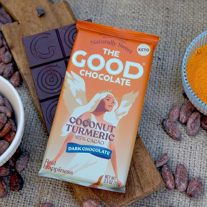 THE GOOD CHOCOLATE – Coconut Turmeric Dark Chocolate Bars with Zero Sugar &amp Lower Net Carbs – Keto Chocolate Bar with Lower Calories All Natural and Non-GMO Keto Snacks 2.5 oz (6 Bars Value Pack