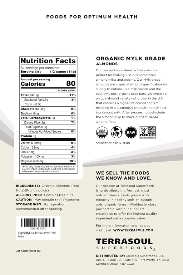Terrasoul Superfoods Raw Unpasteurized Organic Almonds (Mylk Grade) 6 Pounds