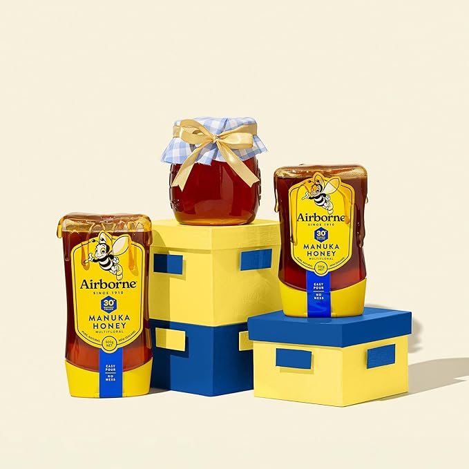 Airborne Honey Manuka Honey Multifloral 30+ 17.3 oz Upside Down Squeeze Raw and Unfiltered 100% Pure New Zealand Honey With Health Benefits