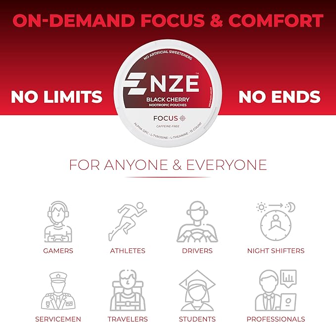 NZE Caffeine Free Nootropic Pouches (Black Cherry) - Nootropic Pouches with Alpha GPC L-Tyrosine &amp L-Theanine - No Sugar or Artificial Sweeteners - 15 Pouches Per Can - 5 Pack