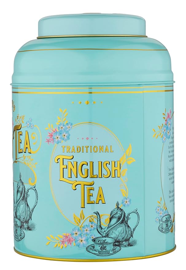 New English Teas Vintage Victorian Tea Tin with 240 English Breakfast Teabags for Tea Lovers Forget Me Not Florals &amp Classic Tea Set Design