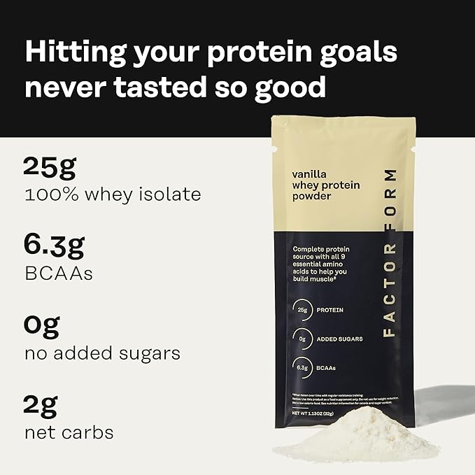 FACTOR FORM Whey Protein Powder | 100% Whey Isolate | 25g Protein &amp 6.3g BCAAs | Low Carb &amp Keto-Friendly | No Added Sugar (15 Packets Vanilla)