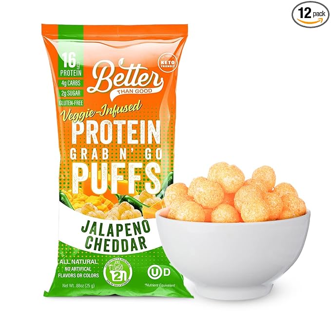 Better Than Good Savory Keto Gluten-Free Jalapeno Cheddar Protein Puffs (12-Pack) - Paleo Low Sugar Low Calorie Diabetic Friendly Snacks | 16g Protein &amp 2 Servings of Fruits &amp Veggies