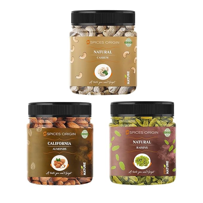 Spices Origin Premium Raw Nuts Dry Fruits Combo Pack of (250g Almonds (NP) 250g Cashew 250g Raisin 750 g in pack) - Diwali Festival | Deepawali Gift Pack _Packing May Vary