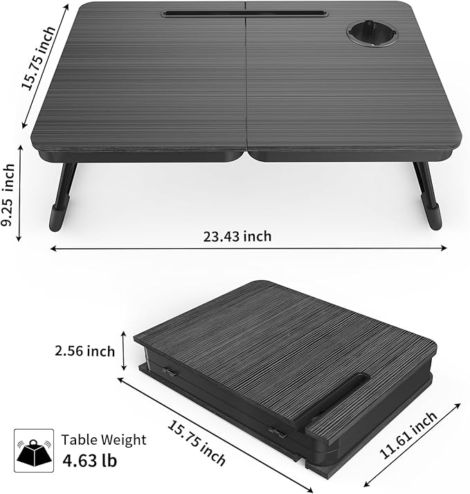 BUYIFY Foldable Laptop Bed Desk for Couch Sofa - Large Lap Desk Tray Table with Cup Holder and Tablet Slot - Portable Notebook Stand for Eating Writing Studying and WFH (Black)- USA Original Patent