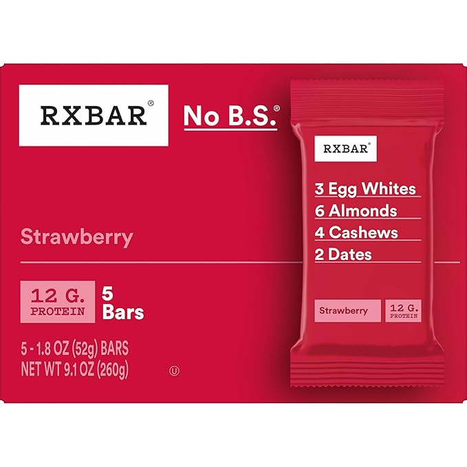 RXBAR Protein Bars 12g Protein Gluten Free Snacks Strawberry (6 Boxes 30 Bars)