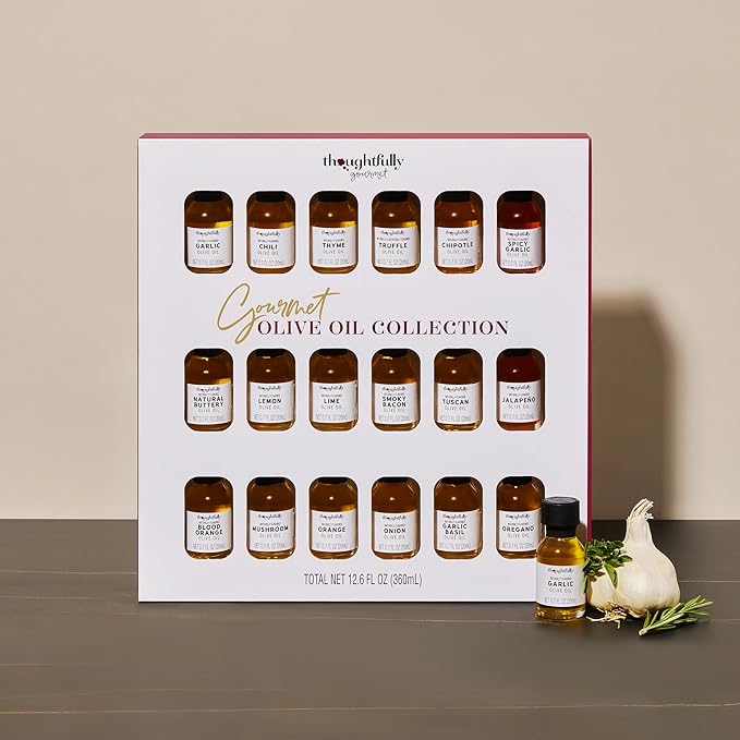 Thoughtfully Gourmet Olive Oil Sampler Gift Set Includes Uniquely Flavored Extra Virgin Cold Pressed Spanish Olive Oil Flavors Include Garlic Chili Chipotle and More Pack of 18