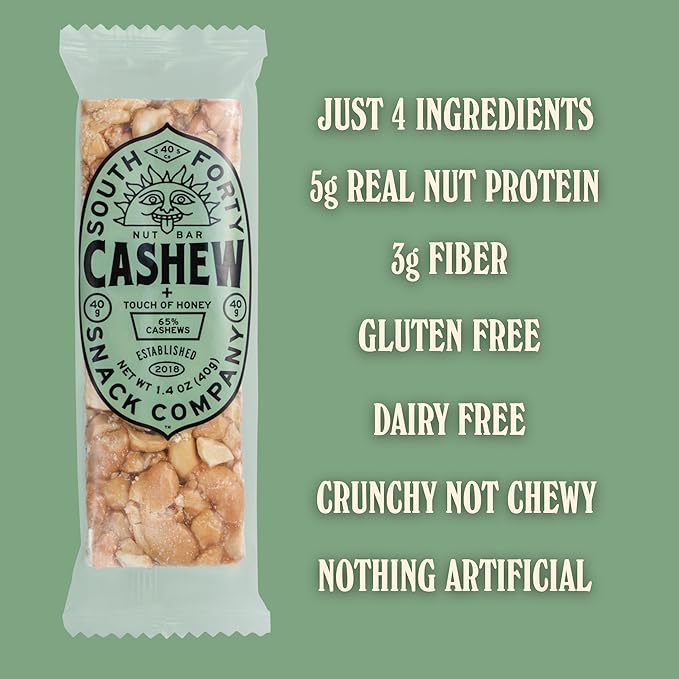South 40 Snacks Crunchy Cashew Bar Just 4 Ingredients Touch of Honey (40g Bar Pack of 12)