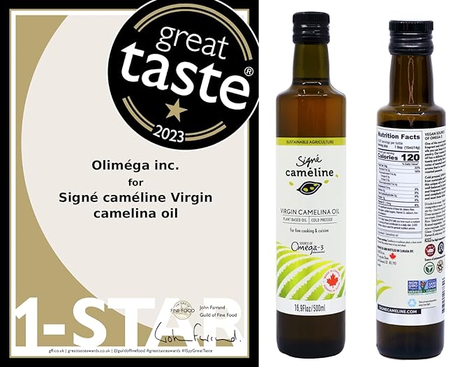 Cold-Pressed Virgin Camelina Oil 500mL X 2 by Signé Caméline | High Smoke Point 475°F | Rich in Omega-3 &amp Vitamin E | Alternative to Olive Oil | Vegan | Made in Canada | Non-GMO