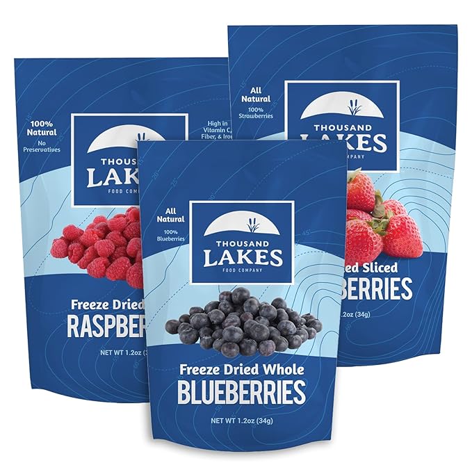 Thousand Lakes Freeze Dried Berries Bundle - 100% Sliced Strawberries Whole Raspberries Whole Blueberries