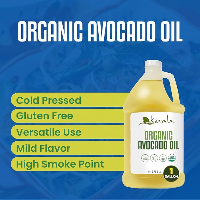 Kevala Organic Avocado Oil - 128 fl oz - 3.7 L - 1 Gallon - Avocado Oil for Cooking - Organic Cold Pressed – High Smoke Point – For Skin and Hair