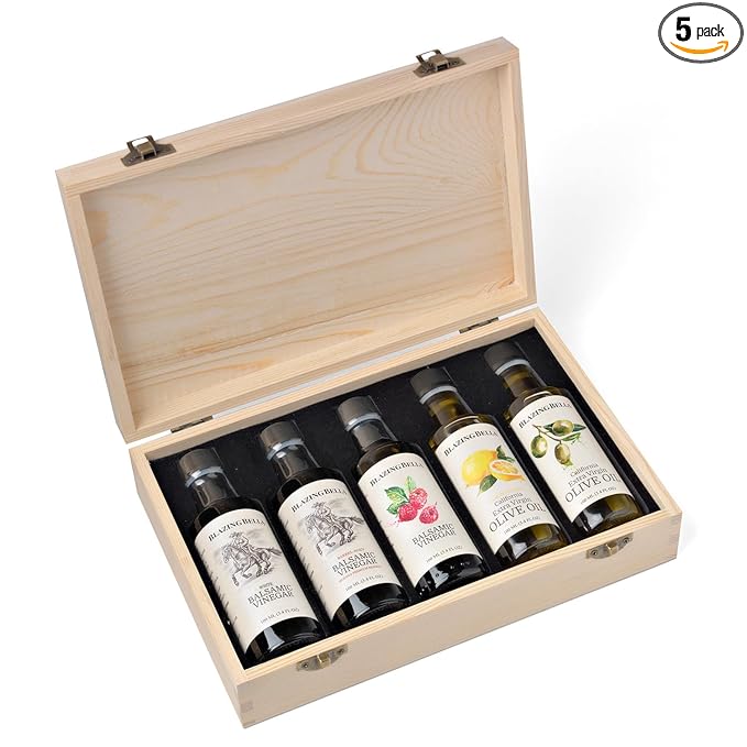 Blazing Bella Salad Lover’s Gift Set – Balsamic Vinegar and Olive Oil Sampler Set (5 x 100ml) – White Raspberry Barrel-Aged Balsamic Lemon Olive Oil &amp Extra Virgin Olive Oil – Gourmet Gift Set