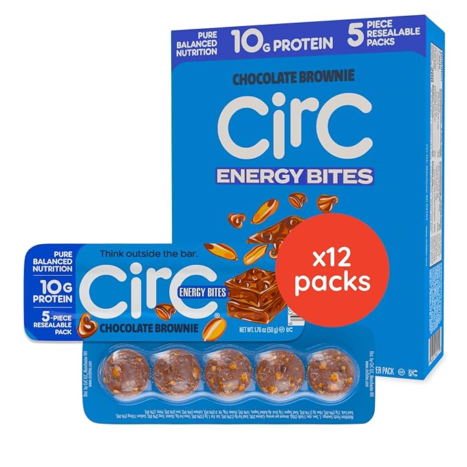 CirC Energy Bites - 12 Pack Chocolate Brownie Gluten Free Protein Balls - 10g Protein Whole Grains Nuts &amp Fruit - Portable Healthy Snacks for Adults &amp Kids 5 Piece Resealable Packs