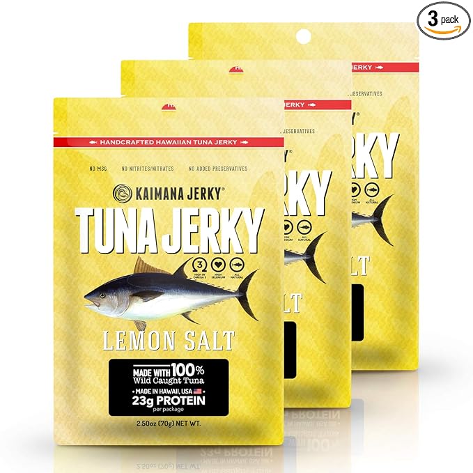 Kaimana Wild-Caught Ahi Tuna Jerky - Lemon Salt | Rich in Omega-3s &amp High in Protein | All-Natural &amp Organic Fish Jerky (3 pack 2 oz)