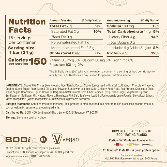 BODi BEACHBAR Plant-Based Chocolate Almond Crunch – Protein Rich Vegan Snack Bar Gluten-Free Low Glycemic Index 10g Protein 150 Calories 15 Bars per Box