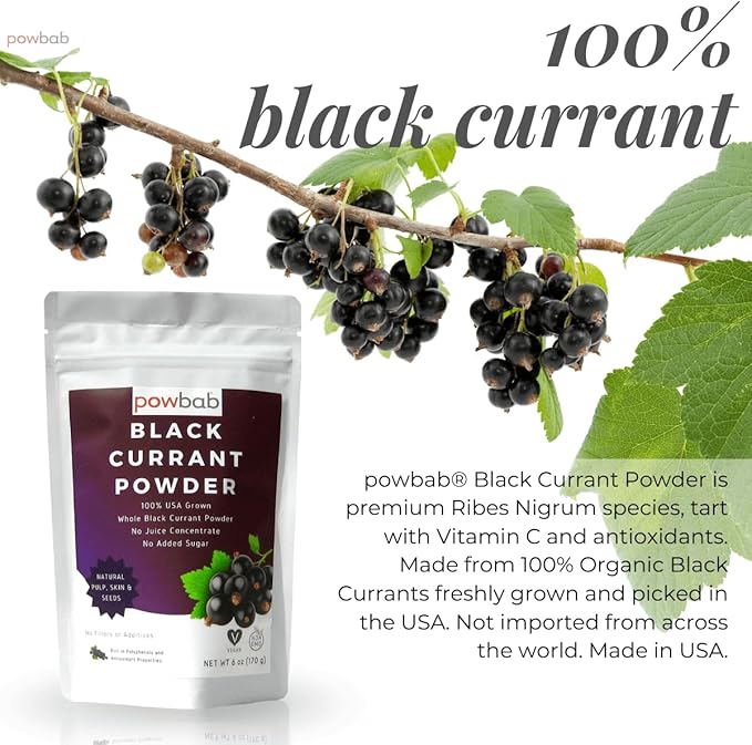 powbab Black Currant Powder - 100% USA Grown Whole Black Currants. No Juice Concentrate No Added Sugar. Made in USA from Dried Currants Unsweetened. Not Freeze Dried. Non-GMO No Maltodextrin. (6 oz)