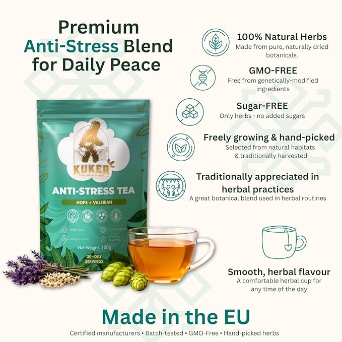 KUKER Anti-Stress Tea 100g Loose Leaf – Calming Herbal Tea with Chamomile Valerian Lavender &amp Lemon Balm – Natural Anxiety Relief &amp Sleep Support