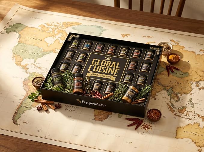 Global Spice Gift Set – 22 Gourmet Seasonings from Around the World in Plastic Jars – Premium Gift Box for Foodies Home Cooks &amp Travelers – All-Natural Small-Batch Flavorful World Spices