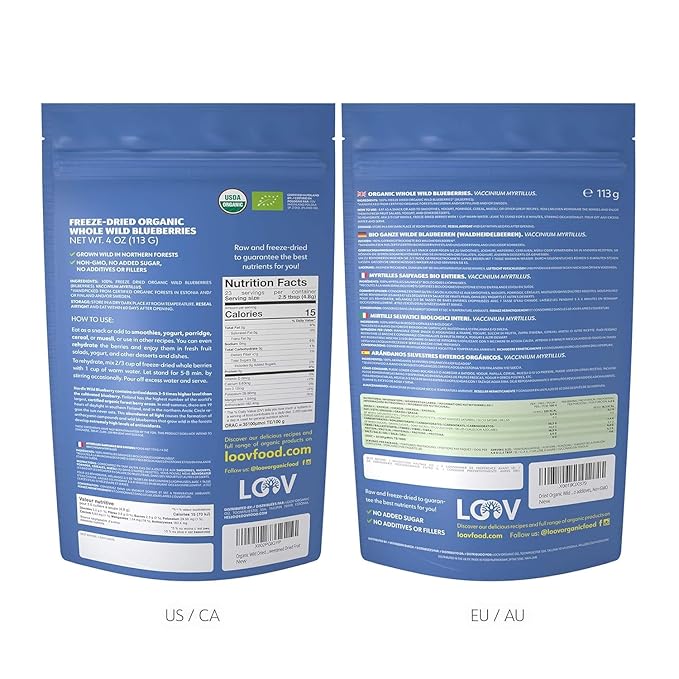 LOOV Wild Organic Dried Blueberries No Added Sugar No Added Oil 4 Ounces Freeze Dried Blueberries Organic From Nordic Forests 100% Whole Fruit Wild Blueberries Non-GMO Unsweetened Dried Fruit