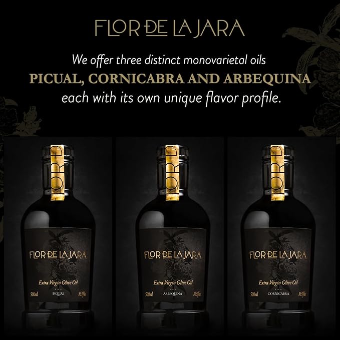 FLOR DE LA JARA Premium Extra Virgin Olive Oil from Spain First Cold Pressed Polyphenol-Rich Monovarietal Cornicabra Hand-Harvested Olives Family-Owned Grove Low Acidity (0.27%) 16.9 fl oz (500