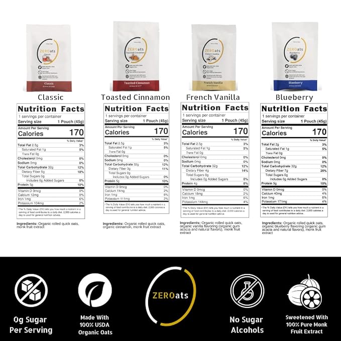 ZEROats Organic Oatmeal - Zero Sugar Vegan Oats Sweetened With Monk Fruit (Variety 12 Pack)